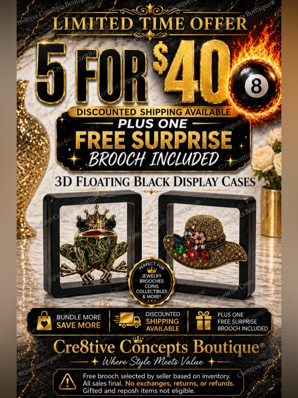 5pc 3D Floating Display Cases-Black w, FREE BROOCH DEAL-Disc Shipping